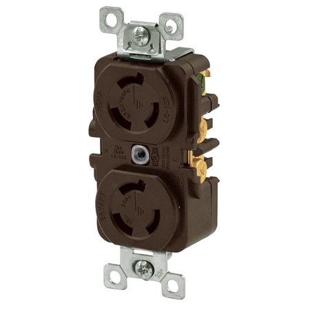 BRYANT Locking Devices, Duplex Receptacle, 15A 250V, 2-Pole 3-Wire Grounding, L6-15R, Screw Terminal, Brown 70615DR